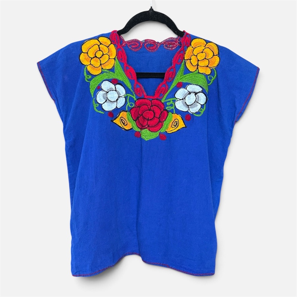 Mexican Floral Embroidered Huipil Estela Blouse Blue Boho Peasant Top Womens S